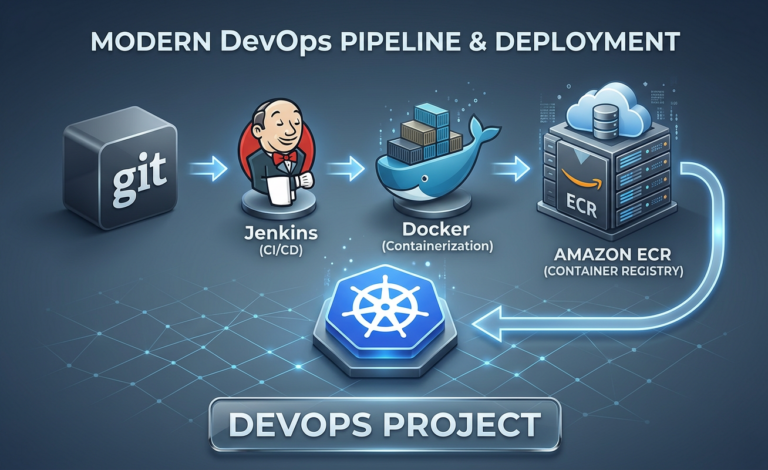 Modern DevOps pipeline diagram showing Git, Jenkins, Docker, Amazon ECR, and Kubernetes