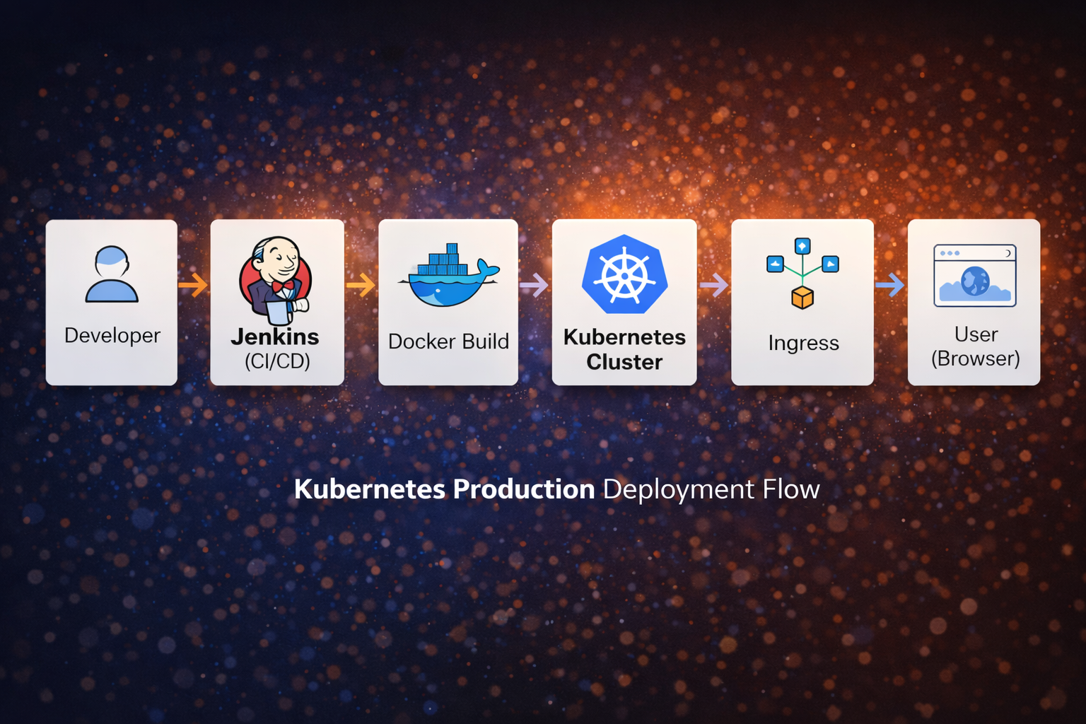 Pipeline diagram showing developer, Jenkins, Docker build, Kubernetes cluster, ingress, and user browser