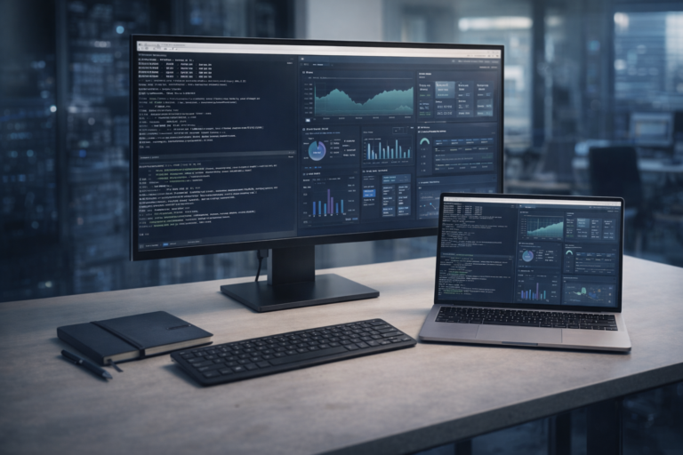 Natural editorial-style developer workspace showing production deployment monitoring and cloud operations screens